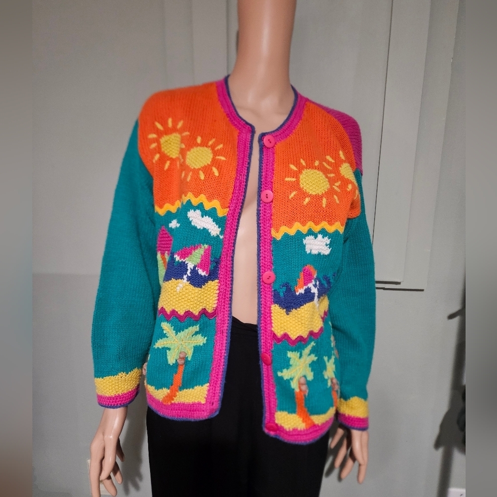 Vintage Hand Knit Beach Scene Cardigan – Statement Graphic Sweater. S/M - Picture 3 of 16